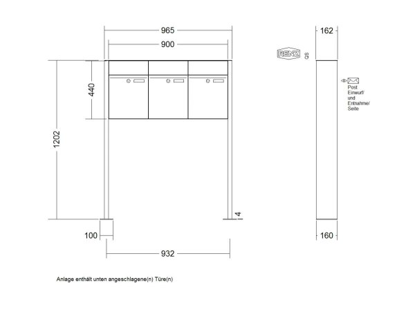 Freistehend mit Fußplatten RENZ Plan Aufputz Edelstahl V4A 3 Briefkästen